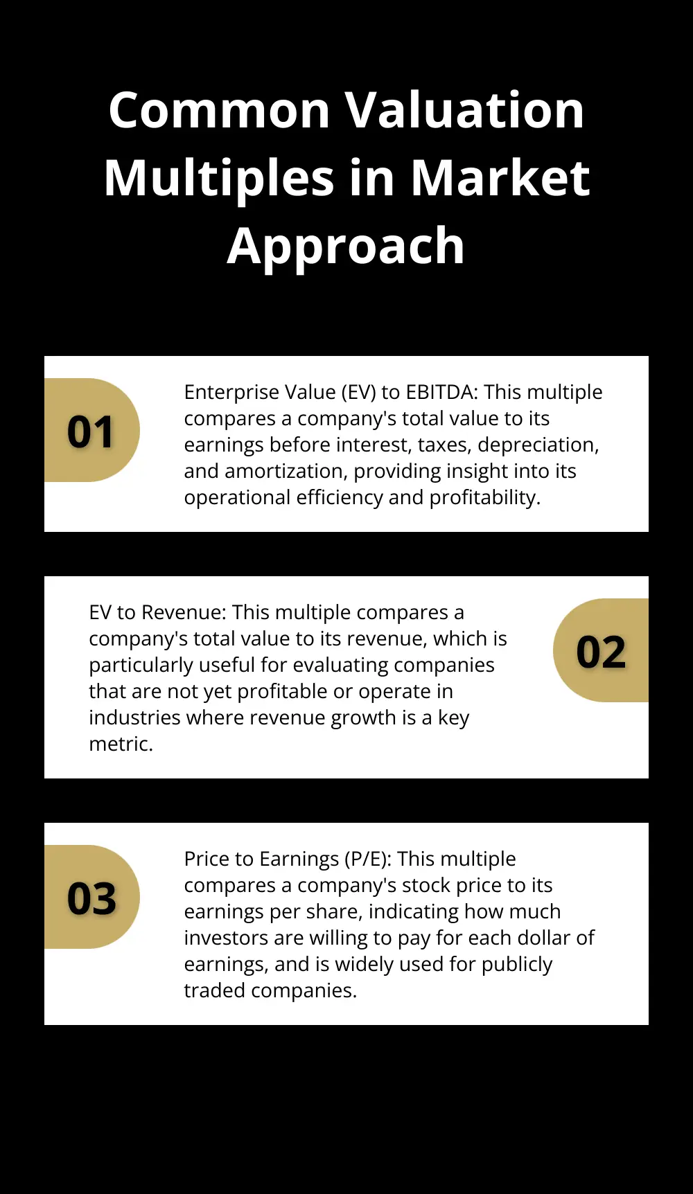 Chart listing three common valuation multiples used in the market approach: Enterprise Value (EV) to EBITDA, EV to Revenue, and Price to Earnings (P/E) - business valuation market approach