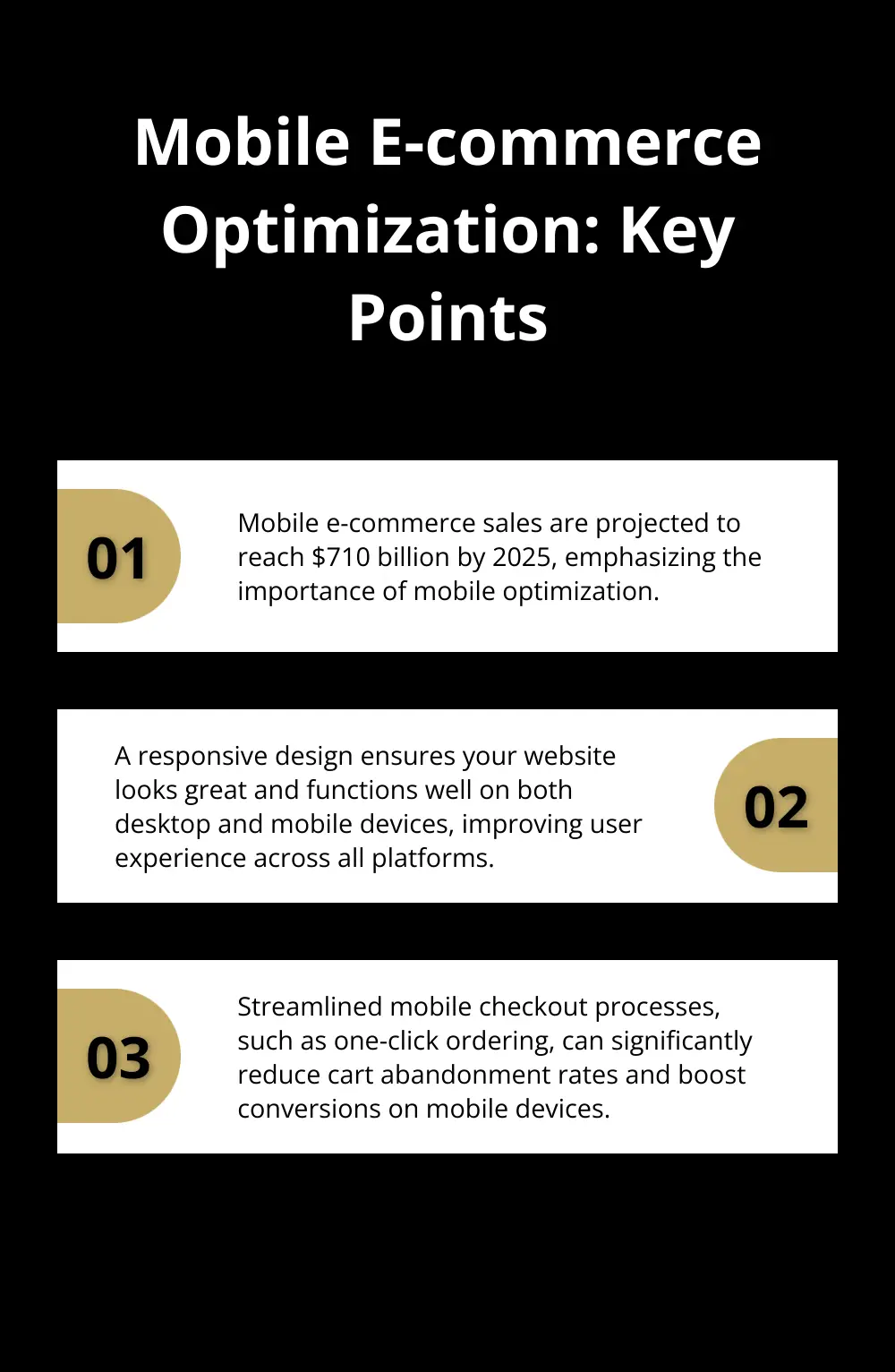 Ordered list chart highlighting three key points about mobile e-commerce optimization, including the $710 billion sales projection for 2025 - e-commerce and small business