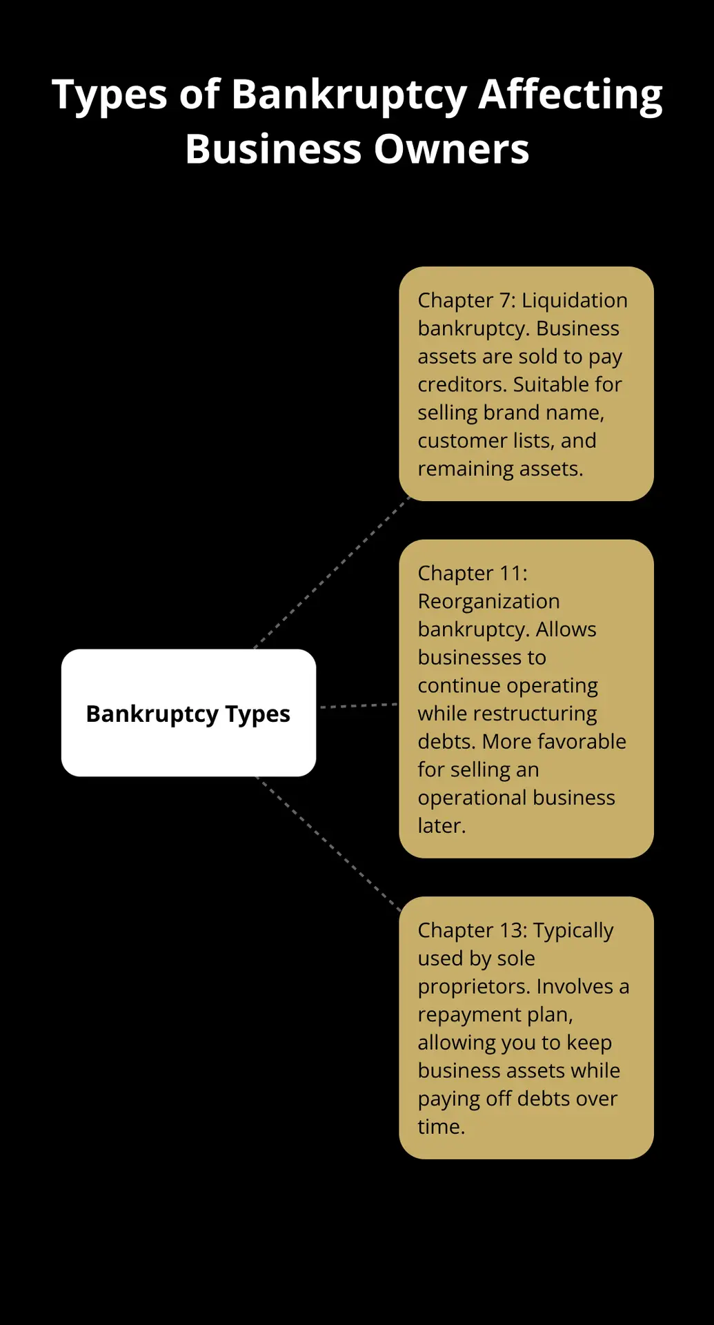 Hub and spoke diagram showing three main types of bankruptcy: Chapter 7 (Liquidation), Chapter 11 (Reorganization), and Chapter 13 (Repayment Plan)