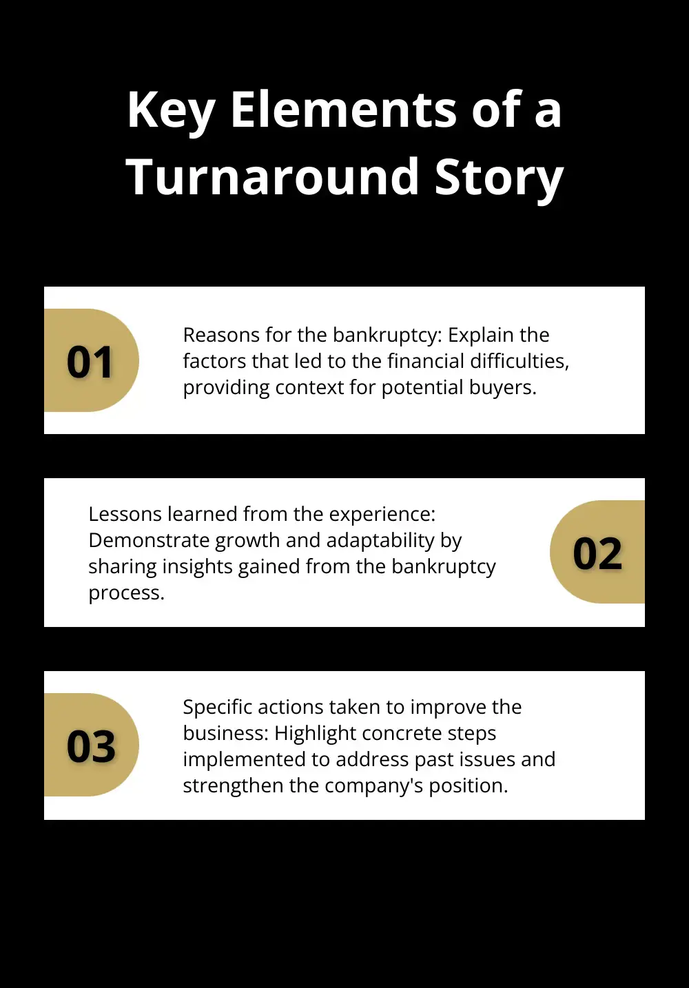 Ordered list chart showing four key elements of a business turnaround story: reasons for bankruptcy, lessons learned, actions taken to improve, and current financial health - selling a business after filing for bankruptcy