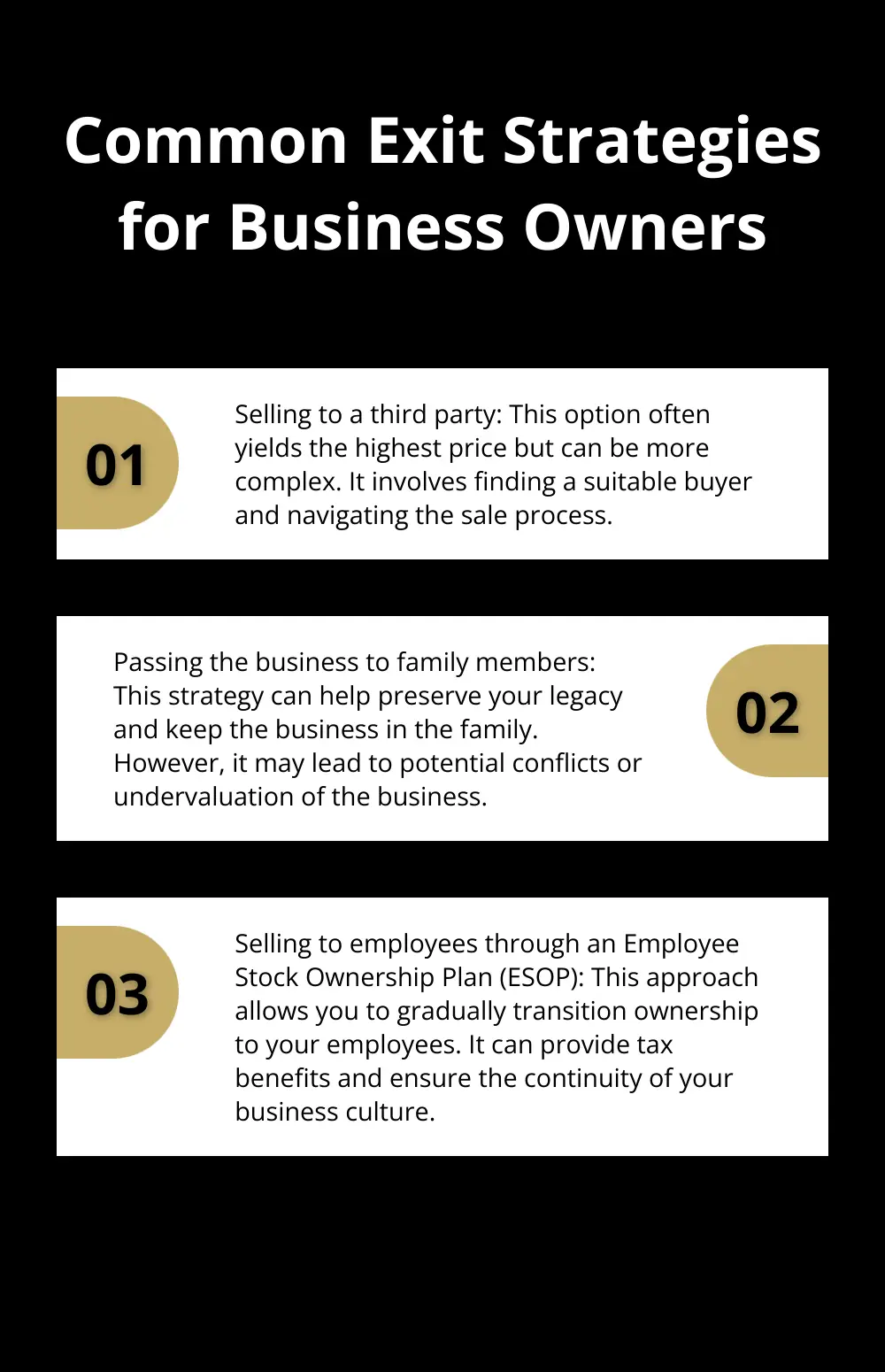 An ordered list chart showing three common exit strategies for business owners: selling to a third party, passing the business to family members, and selling to employees through an ESOP. - selling a business after hitting your "enough" number