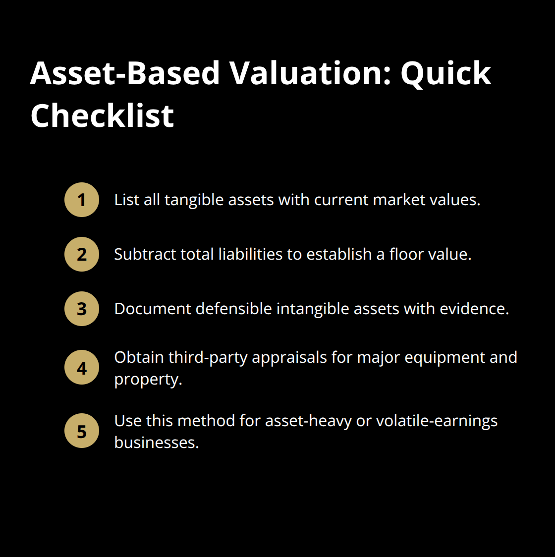 Compact checklist outlining steps to perform an asset-based valuation. - valuation shortcuts