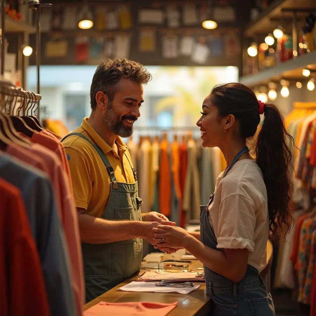 man and woman working inside a clothing store for sale