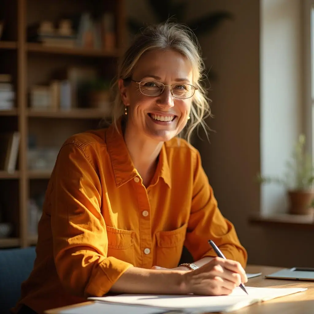 Woman preparing to sell a communication or media business