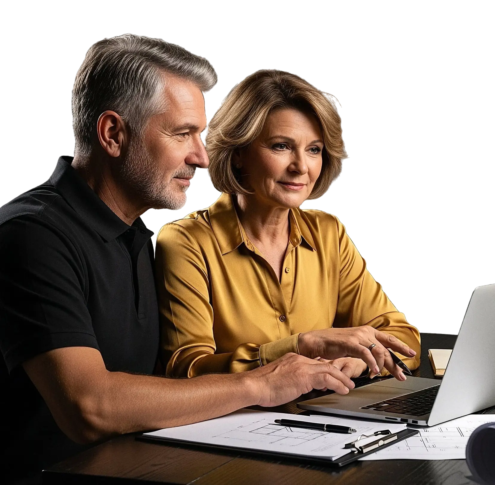 small business owners selling construction company reviewing industry selling guides from unbroker