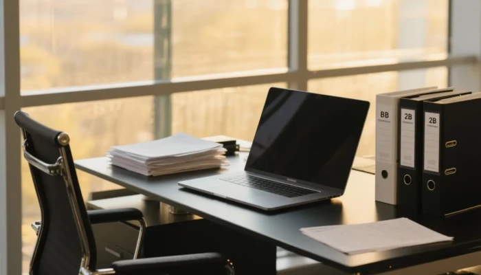 Modern office desk with contracts and laptop representing B2B services company for sale