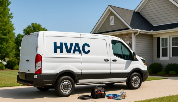 HVAC service van in suburban driveway representing home services business for sale