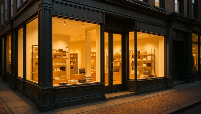 Modern retail storefront with illuminated windows symbolizing retail business for sale